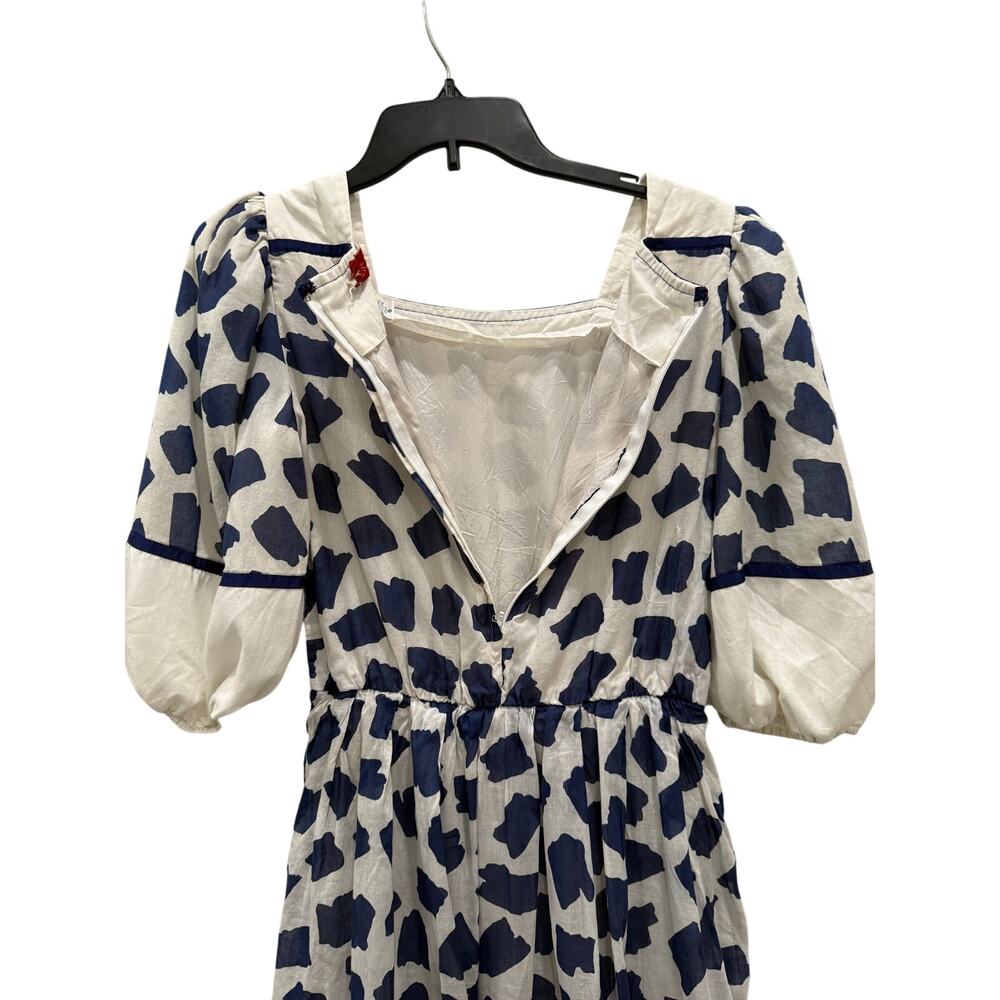 Vtg Richard Warren Blue White Splotch Print Puff Sleeve Midi Dress M Coquette - Picture 7 of 7